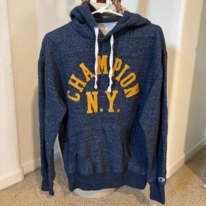 Champion Men's Dark Blue Hoodie with Yellow Print